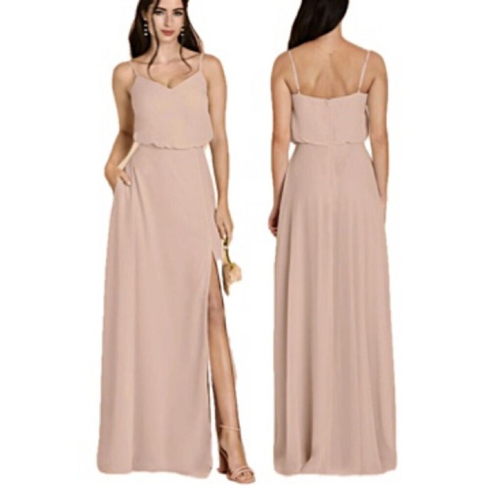 Birdy Grey Gwennie Chiffon Bridesmaid Maxi Dress w/ Slit Size Small Taupe Blush